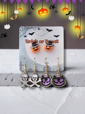 Halloween 3-Piece Earring Set ' Jack-O'-Lantern, Skull & Black Cat